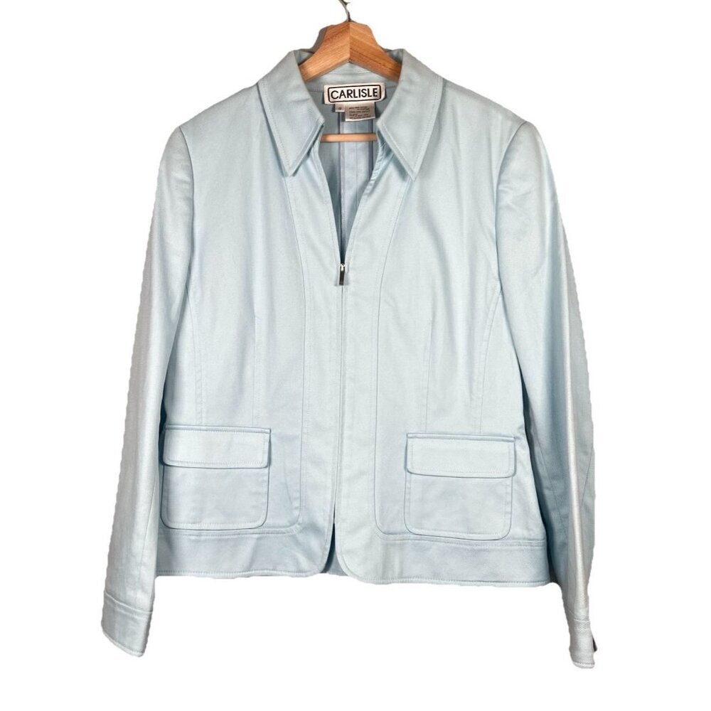 Vintage Carlisle Cotton Blend Blazer‎ Jacket Size 12 Light Blue Pockets Zip Work